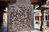 The great Chola temples of Tamil Nadu - The Airavatesvara temple of Darasuram. Pilasters inside the interior of the mandapa are decorated with small panels illustrating mythological stories in bas-reliefs. 